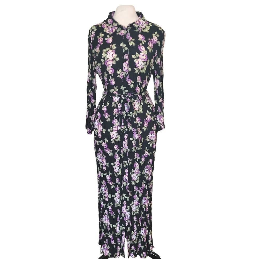 Zara Black Floral Button Down Belt Countrycore Prairie Boho Maxi Shirt Dress L - Picture 2 of 11
